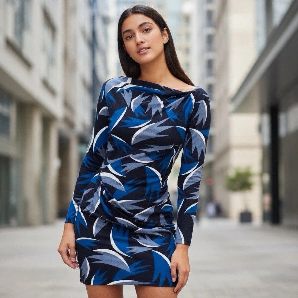 NWT Diane Von Furstenberg Jarely Silk Long Sleeve Geometric Blue Black Dress